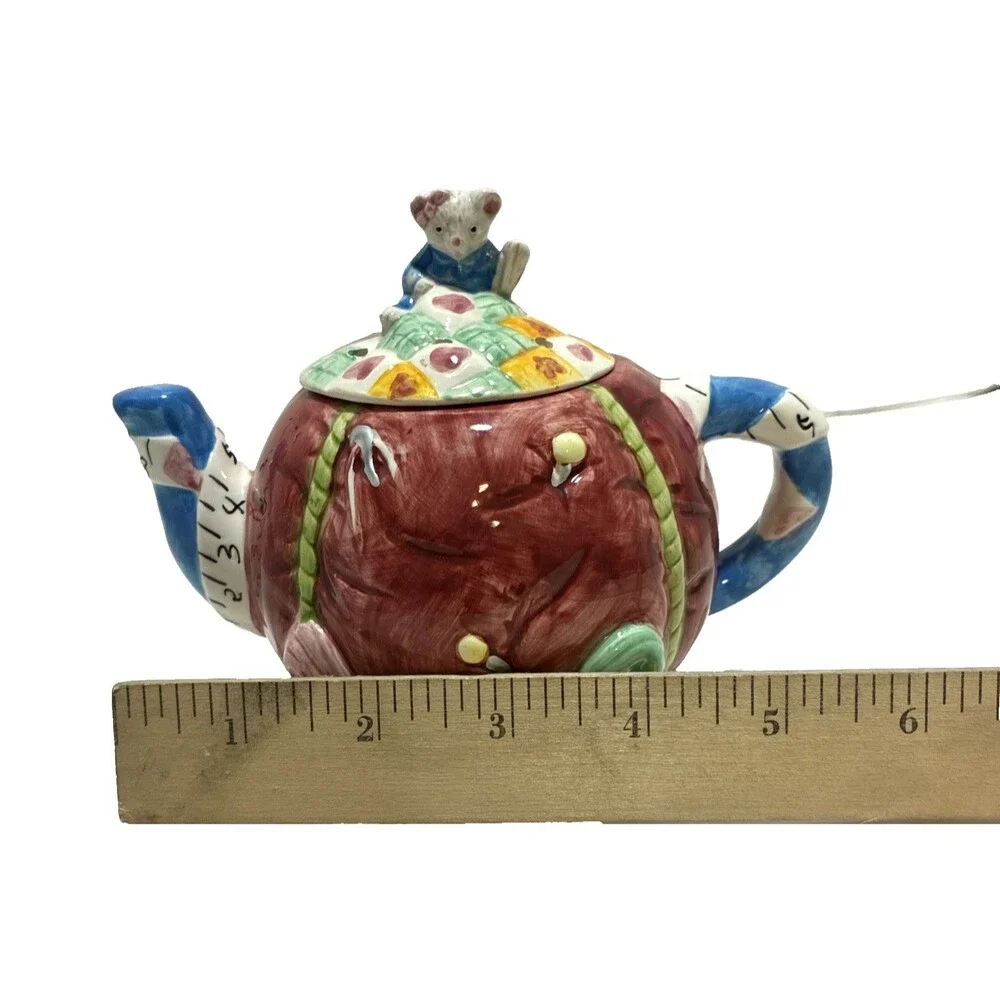 Vintage LEFTON China Tea Pot Ceramic Mouse Sewing Basket Theme - Hand Painted